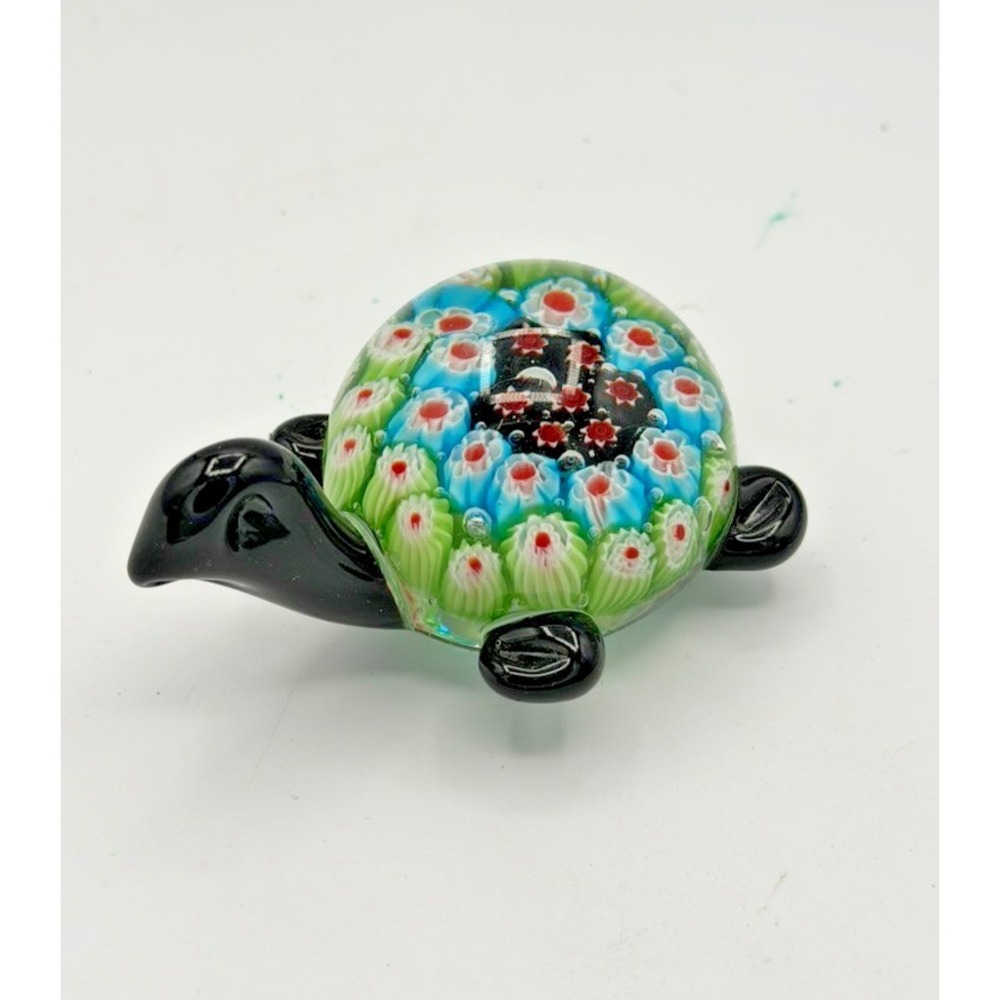 Art Glass Turtle Paperweight Millefiori Floral Design Black Blue Green 4"